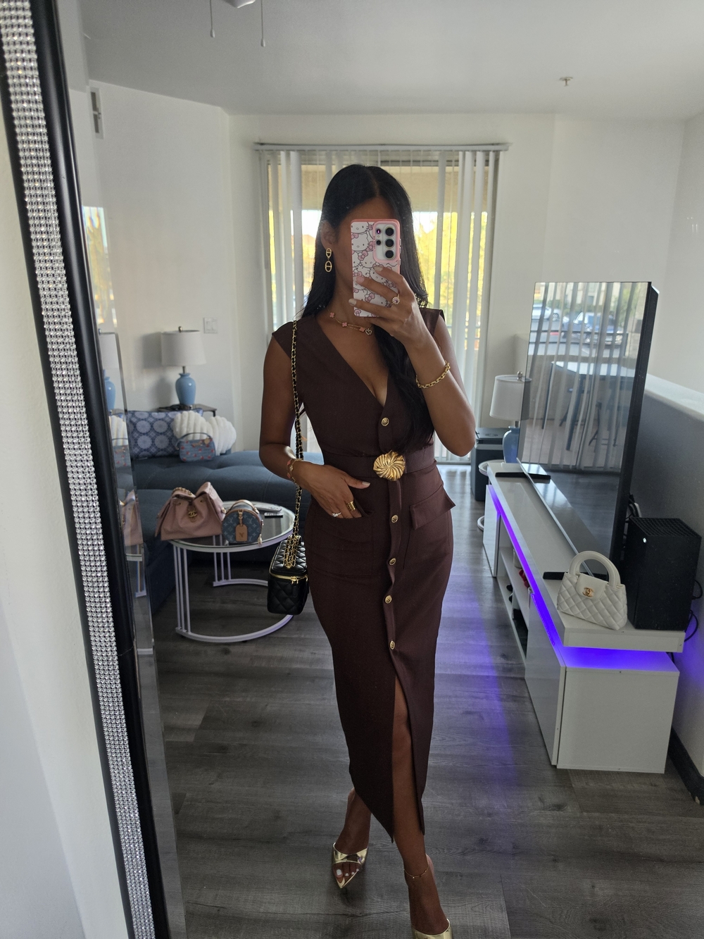 Brown Button-Front Midi Dress with Gold Accents